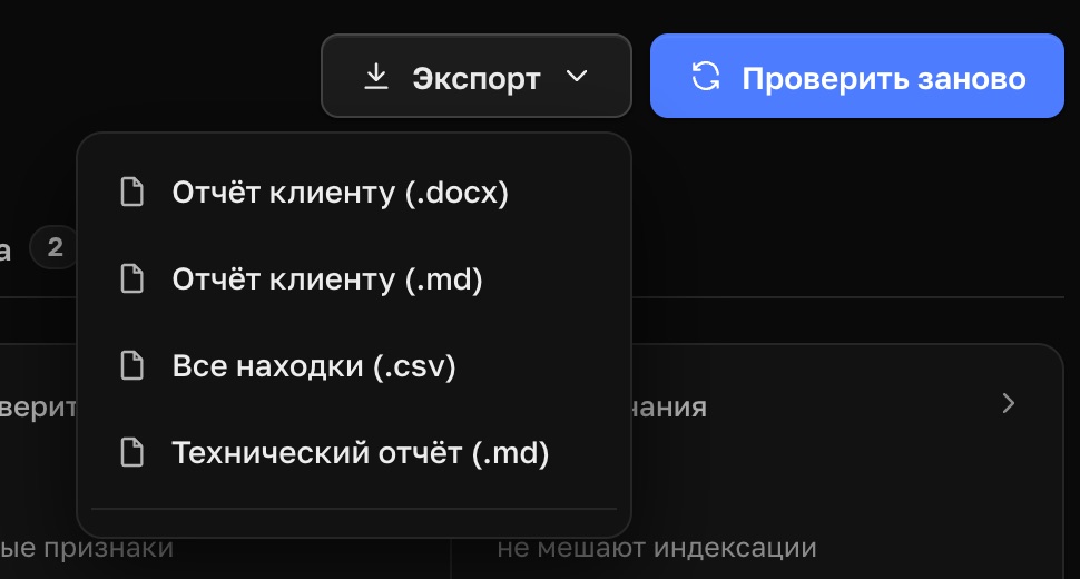 Site Audit, настоящий кадр: отчёт для клиента. Цифры методики и найденные адреса закрыты в самой программе
